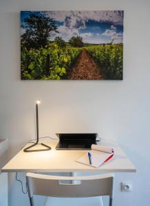 een bureau met een laptop en een foto van een wijngaard bij Horizons Verts Appartement Cerisier in Puivert