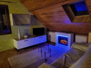 a living room with a fireplace and a couch at Le Domaine des Tuillieres in Masléon