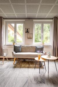 ein Wohnzimmer mit einem Sofa und 2 Tischen in der Unterkunft Waldhotel & Restaurant Stieglitzenkrug in Feldberg