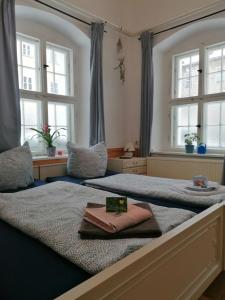 a bedroom with two beds and two windows at Rüstzeitenheim Sonnenschein in Saalburg