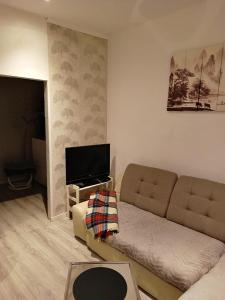 een woonkamer met een bank en een flatscreen-tv bij My Secret Place. in Zielona Góra