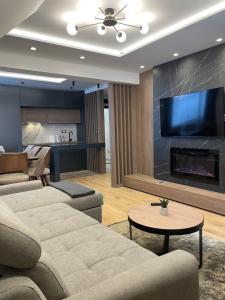 a living room with a couch and a fireplace at Vila Golija in Kopaonik