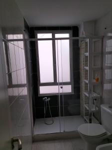 een badkamer met een douche, een toilet en een raam bij Habitaciones Valén in Zaragoza