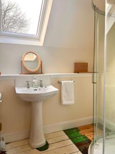 a bathroom with a sink and a mirror and a shower at Luxury Loch Tay Lodge in Aberfeldy