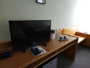 una TV a schermo piatto seduta sopra una scrivania di Hotel Garni a Rodewisch