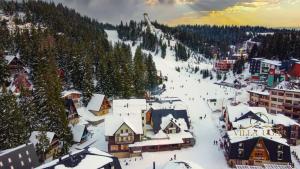 a town covered in snow with a ski slope at Apartman Green Vlašić in Šišava