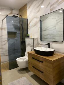 a bathroom with a sink and a toilet and a shower at Apartment Adriana in Makarska