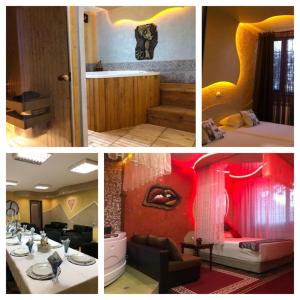 a collage of four pictures of a room at Семеен Хотел Русалка in Svishtov +60 photos