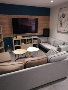 sala de estar con sofá y TV de pantalla plana en Maison toute équipée 3 chambres avec jardin calme et Spa, en Saint-Malo