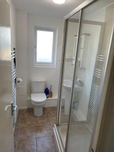 a bathroom with a toilet and a glass shower at Apartment in Central London Zone 2 in London