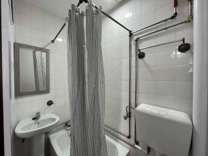 uma casa de banho com uma cortina de chuveiro e um lavatório em Alojamento VINTAGE BAIXA - TOMAR em Tomar