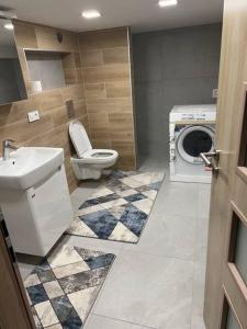 uma casa de banho com um lavatório e uma máquina de lavar roupa em Loft em Michalovce