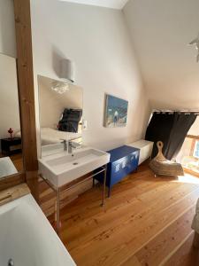 a bathroom with a sink and a large mirror at Le Serre Barbin : Maison / Chalet avec jardin in Le Monêtier-les-Bains