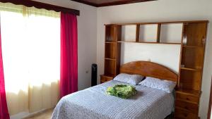 1 dormitorio con 1 cama con cabecero de madera en Las Pavitas Cottages en Fortuna