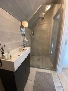 La salle de bains est pourvue d'un lavabo et d'une douche. dans l'établissement Apartamentai KOPOS, à Palanga