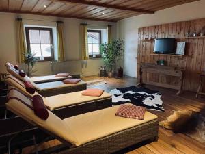 uma sala de estar com dois sofás e uma televisão em Panoramahotel Grobauer em Spiegelau