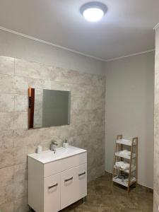 a bathroom with a sink and a mirror at pensiunea grecu in Lugoj