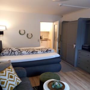 Erholungs- Apartment am Kurpark & Thermen Bad Urach في باد أوراش: غرفة معيشة مع سرير وأريكة