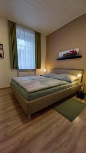 um quarto com uma cama grande e uma janela em Ferienwohnung Christa em Graz