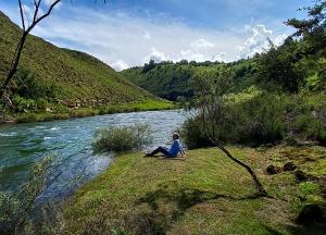 eine Person, die auf dem Gras neben einem Fluss sitzt in der Unterkunft Birches Cottage & the Willows Garden Room in Underberg