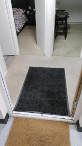a hallway with a black rug on the floor at A one spacious bedroom apartment in Welling