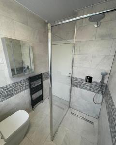 a bathroom with a toilet and a glass shower at Daisychain Holidays in Bridlington