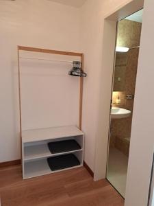 a bathroom with a shower and a sink and a mirror at Studio Röven in Scuol