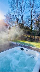 a hot tub in a yard with a sprinkler at Chambres avec Jacuzzi privatif - Kassiopée Bed & Spa in Albi