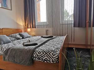 a bedroom with two beds with pillows on them at Európa 20 Apartman in Bük