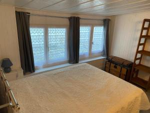 a bedroom with a bed and two windows at Gite du mas de Sarrot in Mars