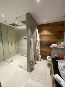 a bathroom with a shower and a toilet and a sink at CHALET UTOPIA in Saint-Gervais-les-Bains