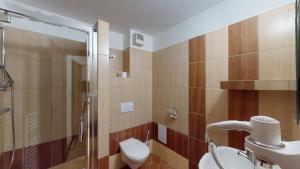 uma casa de banho com um WC, um lavatório e um chuveiro em Garni Hotel Fatra em Terchová