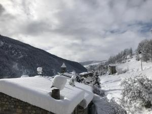 un toit enneigé d'une maison recouverte de neige dans l'établissement Apartament Dúplex de Can Bota Avet-p, à Setcases