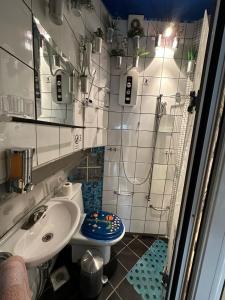 ein kleines Bad mit einem Waschbecken und einem WC in der Unterkunft Athens centre diamond in Athen