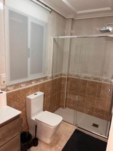 a bathroom with a toilet and a glass shower at Piso de Luxe centre Vinaros in Vinaròs