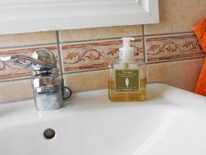 a bottle of soap sitting on a bathroom sink at Wallinshuset in Sunne