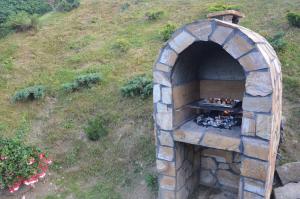 a stone oven with a fire inside of it at Domek Maja in Wołkowyja
