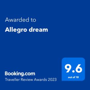Sertifikat, nagrada, logo ili drugi dokument prikazan u objektu Allegro dream