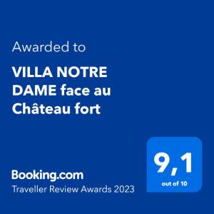 Certyfikat, podpis lub inny dokument wystawiony w obiekcie VILLA NOTRE DAME face au Château fort