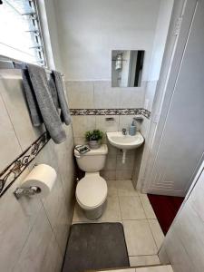 a small bathroom with a toilet and a sink at Nonno’s House in Cuenca