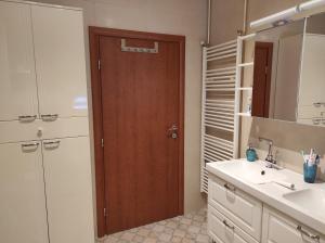 a bathroom with a wooden door and a sink at FILUTE in Vrbovsko