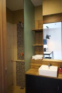 La salle de bains est pourvue d'un lavabo et d'une douche. dans l'établissement Student park apartment, à Seturan