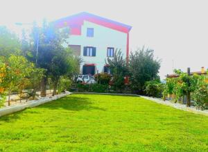 ein grüner Hof mit einem Haus im Hintergrund in der Unterkunft le Rose di santina in Mamoiada
