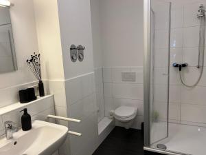 uma casa de banho com um chuveiro, um WC e um lavatório. em Apartmenthaus Buxtehude St -Petri-Platz Studiowohnung 3 em Buxtehude