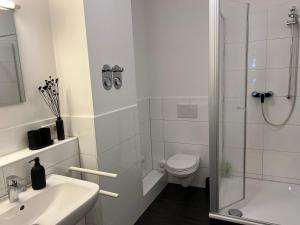 ein Badezimmer mit Dusche, Toilette und Waschbecken in der Unterkunft Apartmenthaus Buxtehude St -Petri-Platz Studiowohnung 3 in Buxtehude + 5 Fotos
