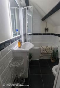 a bathroom with a sink and a shower and a toilet at Brynglas Cottage with Hot Tub, Anglesey. in Llanfachraeth