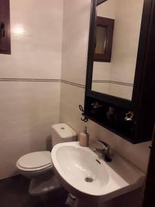een badkamer met een wastafel, een toilet en een spiegel bij Casa Rural El Rincón de Diego in La Puebla de Valverde