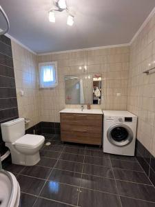 a bathroom with a toilet and a washing machine at Family Getaway Close the Sea in Ayía Marína +28 photos