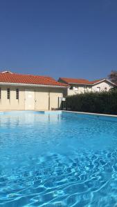 a large blue swimming pool in front of a house at T2, bord de plage et piscine in Biscarrosse