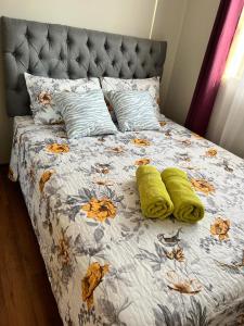 a bed with two pillows and autumn leaves on it at Casa Sector Oriente Talca in Talca